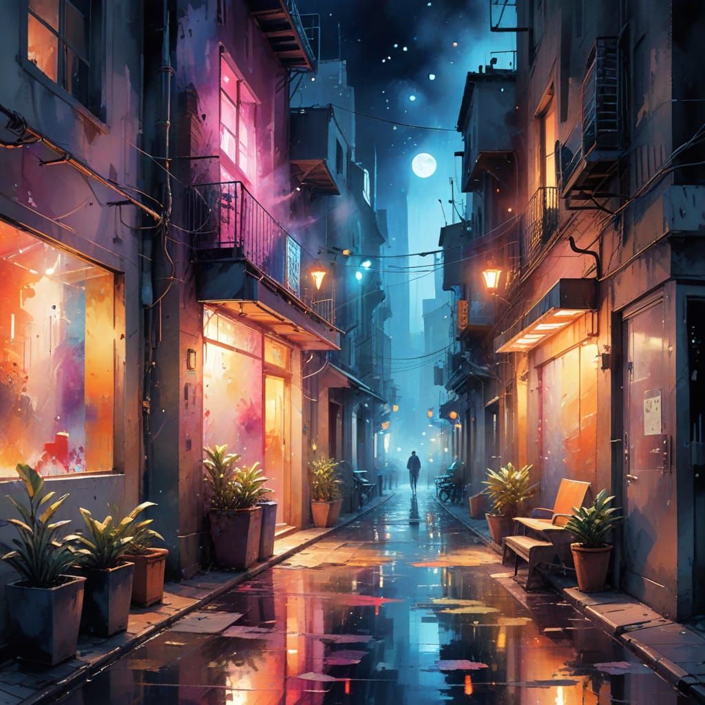 Neon Alley in Retro-Futuristic Cityscape Watercolour