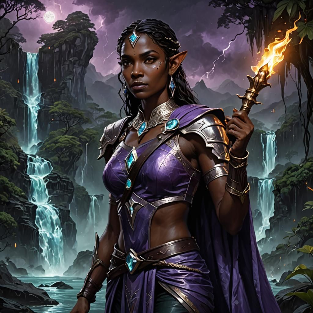 Elven Woman Guard Watching Waterfall by Torchlight