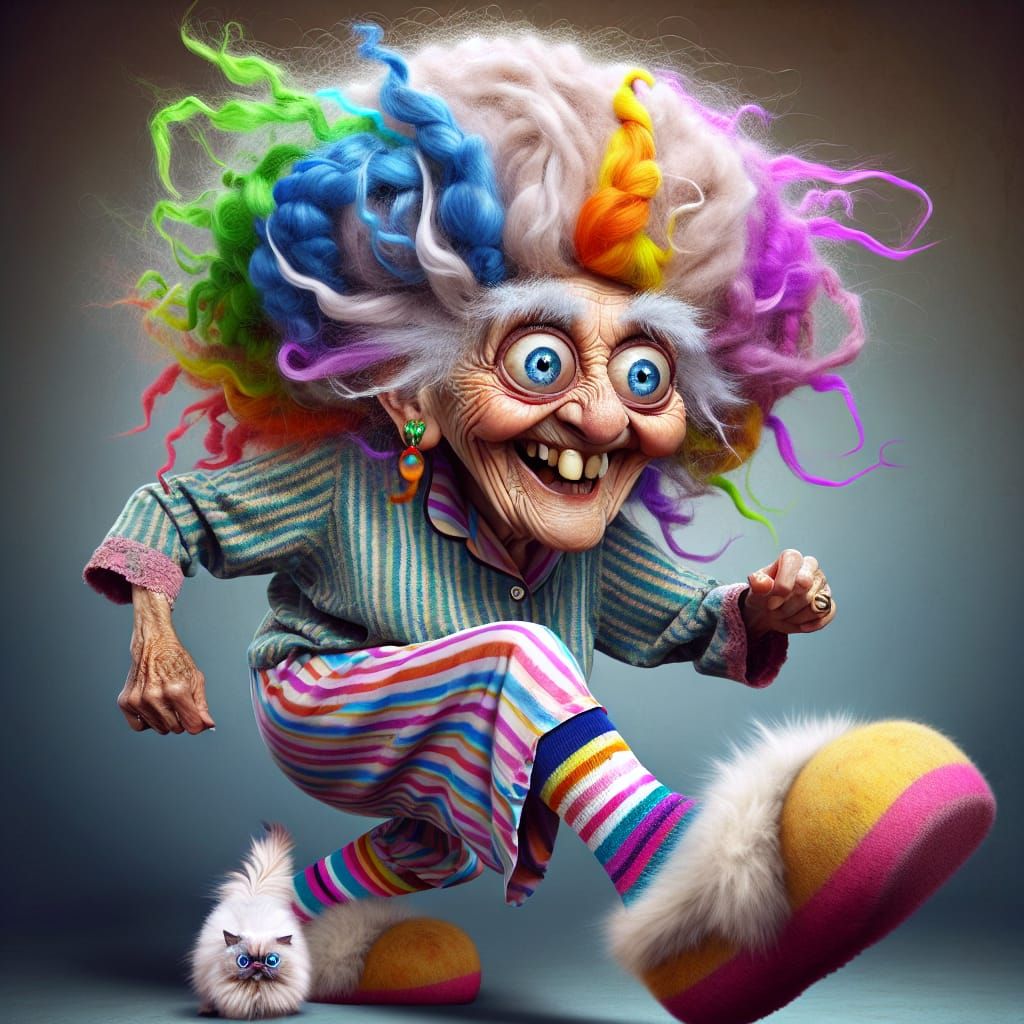 Hilarious Grandma Dancing with Cat: Surreal Image