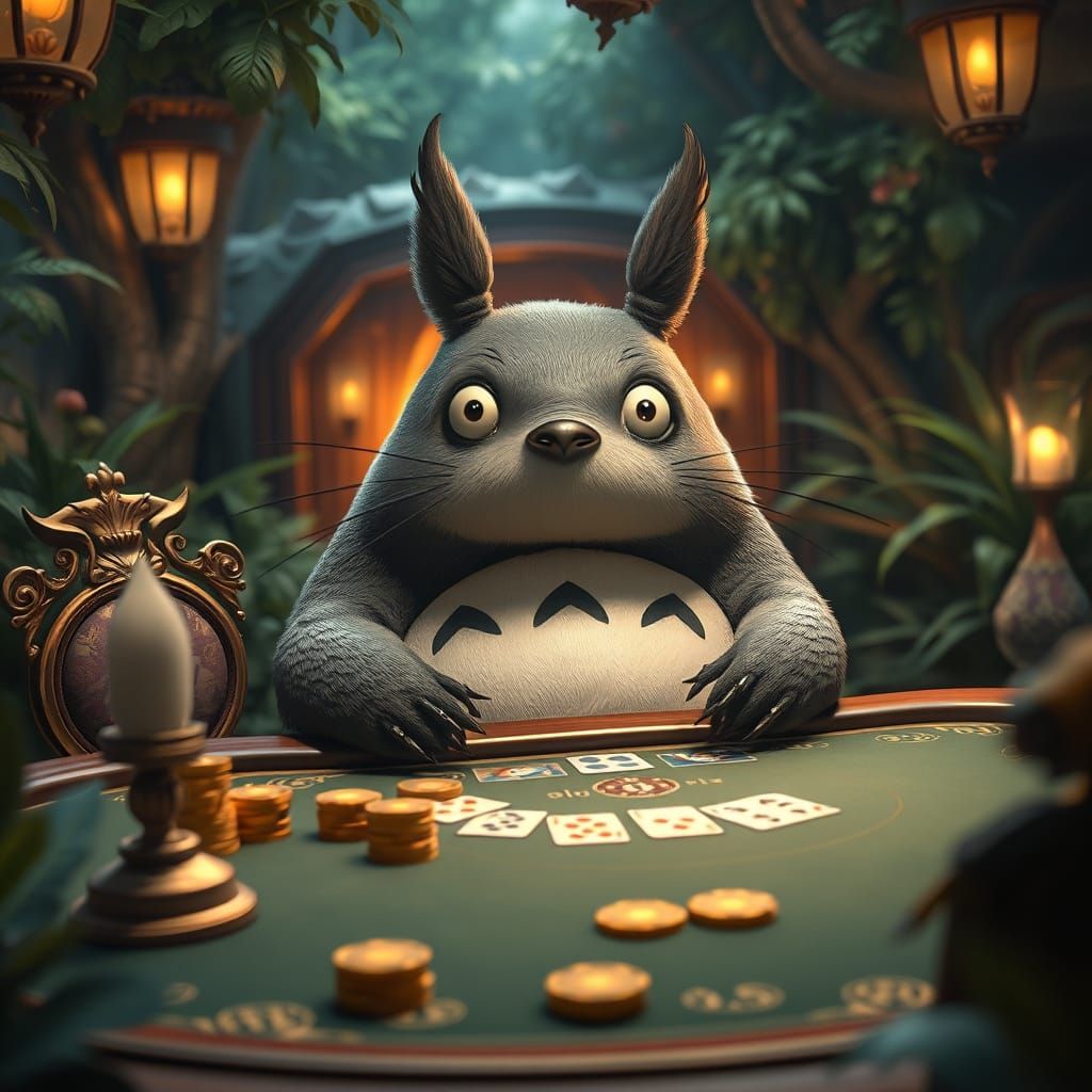 Totoro in Whimsical Forest Poker Scene