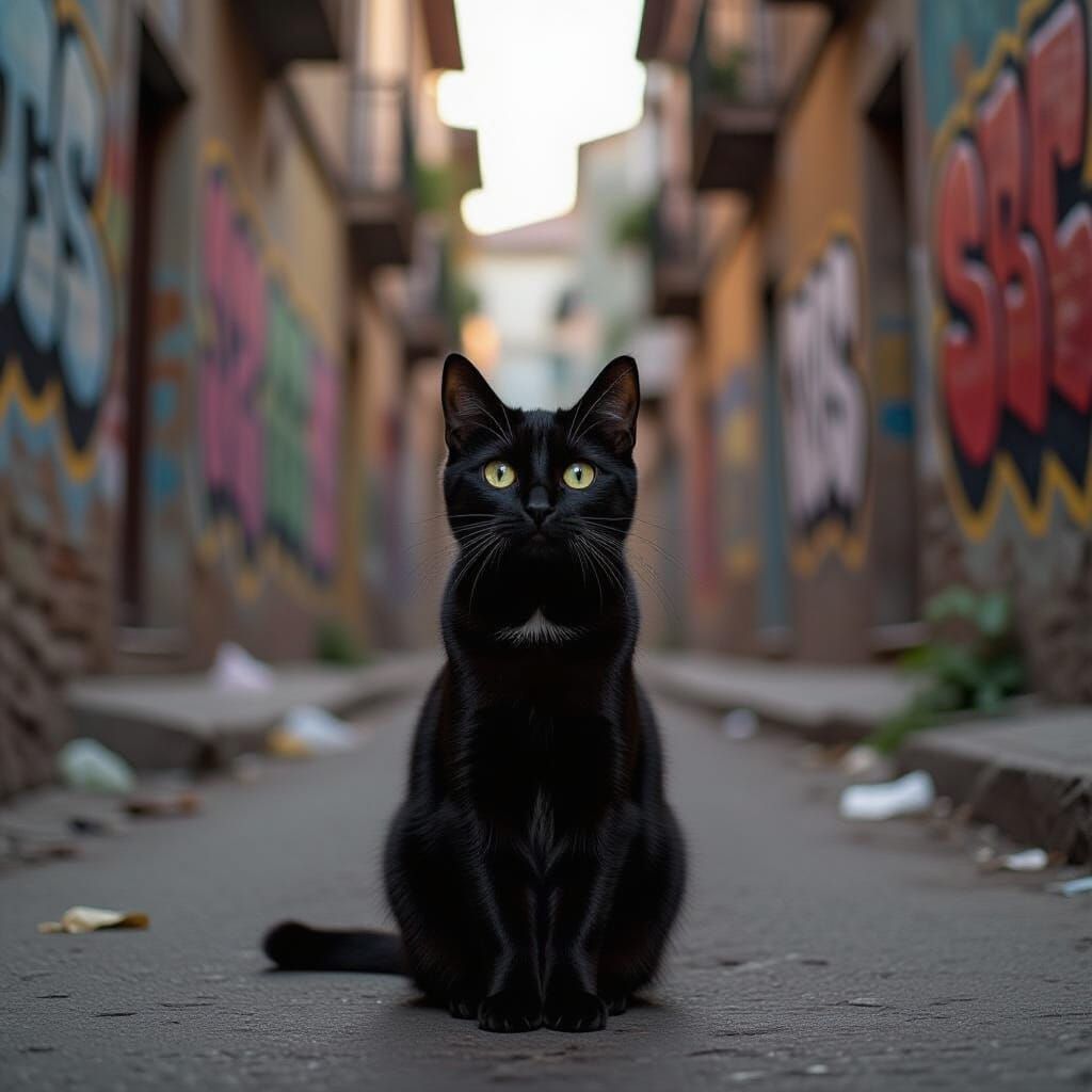 Hopeful Black Cat in Dark Alley, Conceptual Art Style
