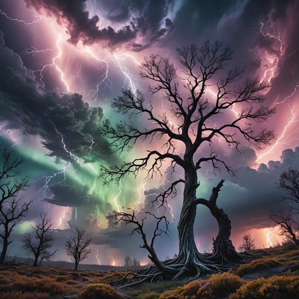 Ethereal Landscape with Glowing Tree and Aurora