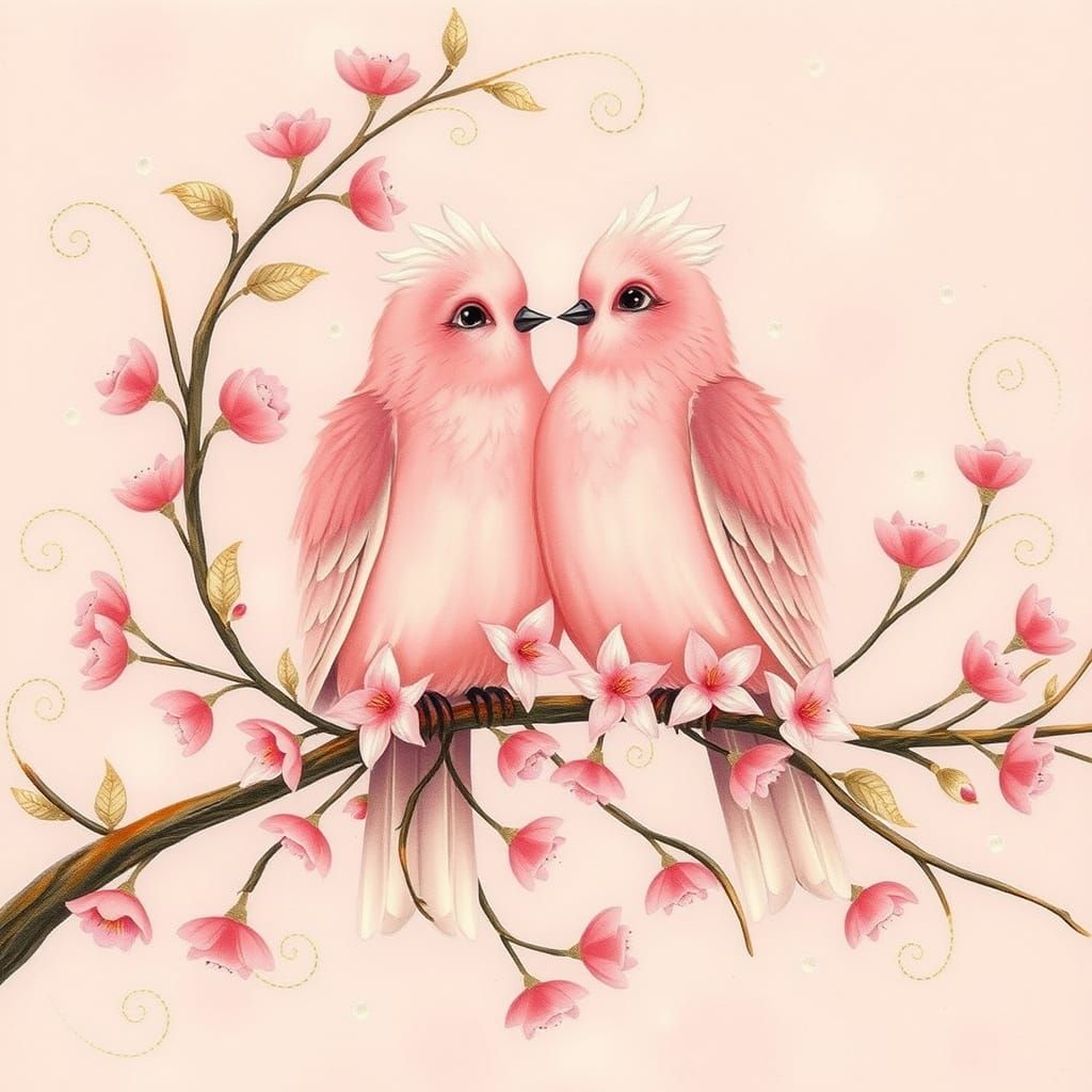 Two Doves Adore Each Other on Floral Branch, Art Nouveau Sty...