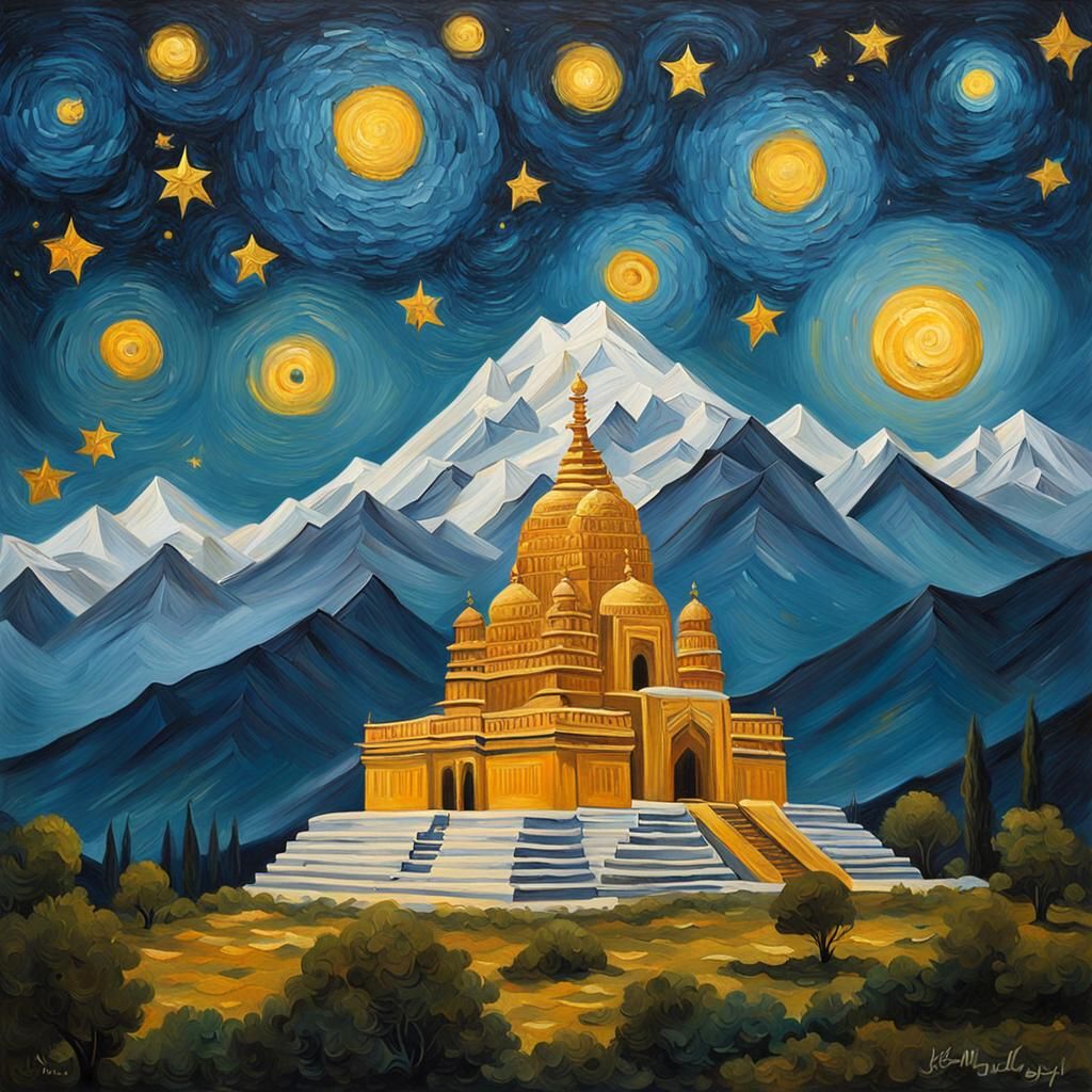 Indian Temple Under Starry Night Sky as Impasto Painting