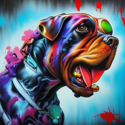 dog superhero graffiti art, splash art, street art, spray paint, oil gouache melting, acrylic, high contrast, colorful p...