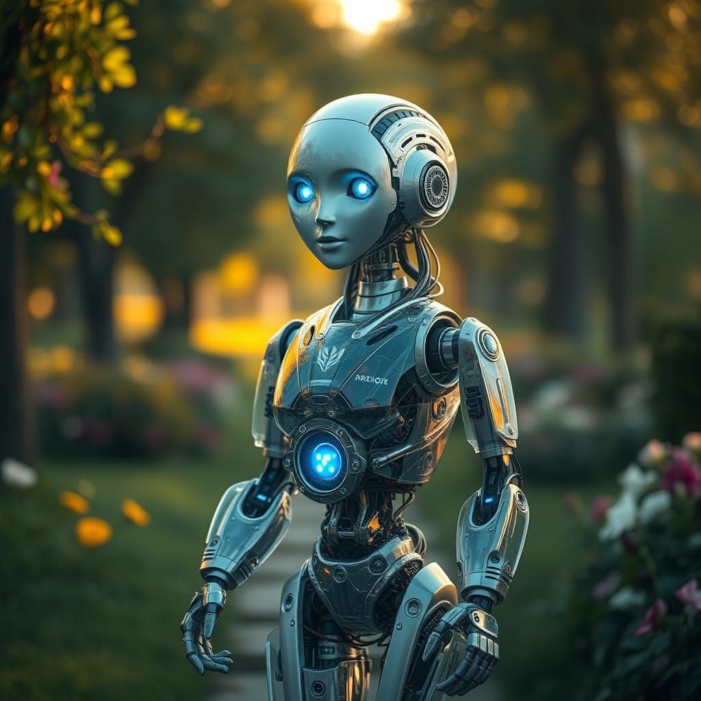 Crystal Robot Walks Through Sunny Park