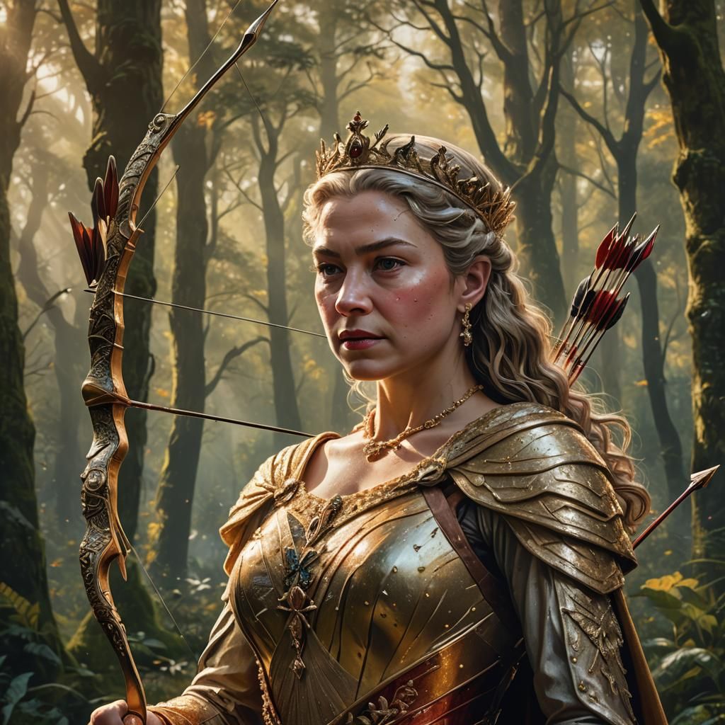 Regal Queen Readying Arrow in Forest, Hyperrealistic Art