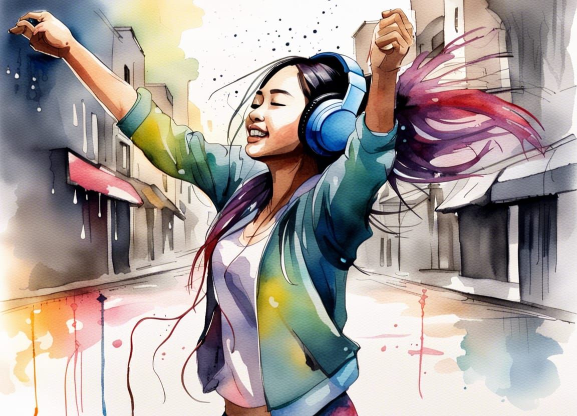 Colorful Watercolor: Girl Dancing in Rainy Street