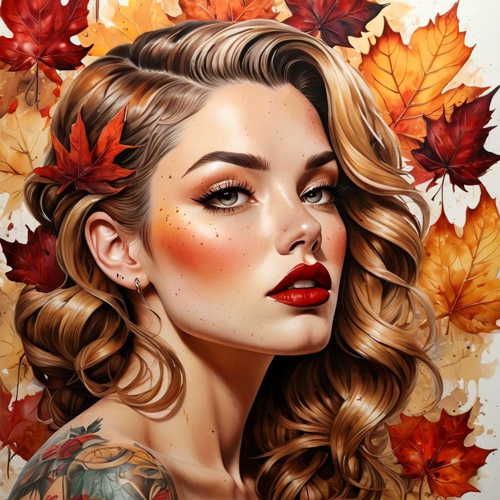 Tattoo Artist Drawing Autumn Leaves in Impasto Style