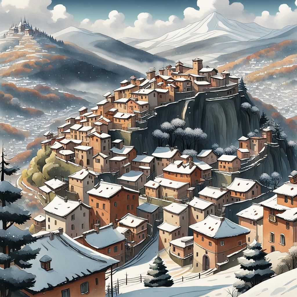 Italian Hill Village in Anime Style with Snow