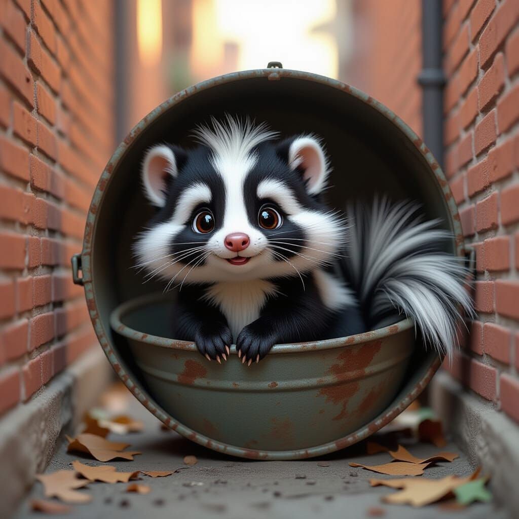 Cute Fluffy Skunk Perched on Dustbin Lid