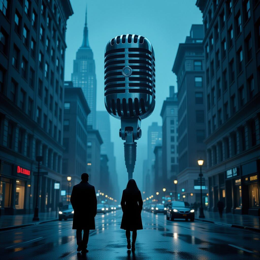 Figure Gazes at Colossal Microphone in Moody Urban Noir