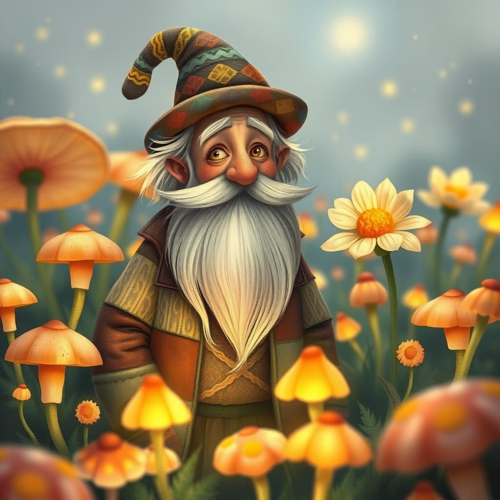 Whimsical Old Man in Enchanted Mushroom Field