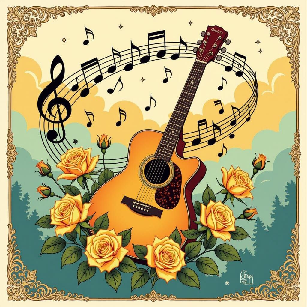 Earthy Tones Guitar with Roses Poster Art