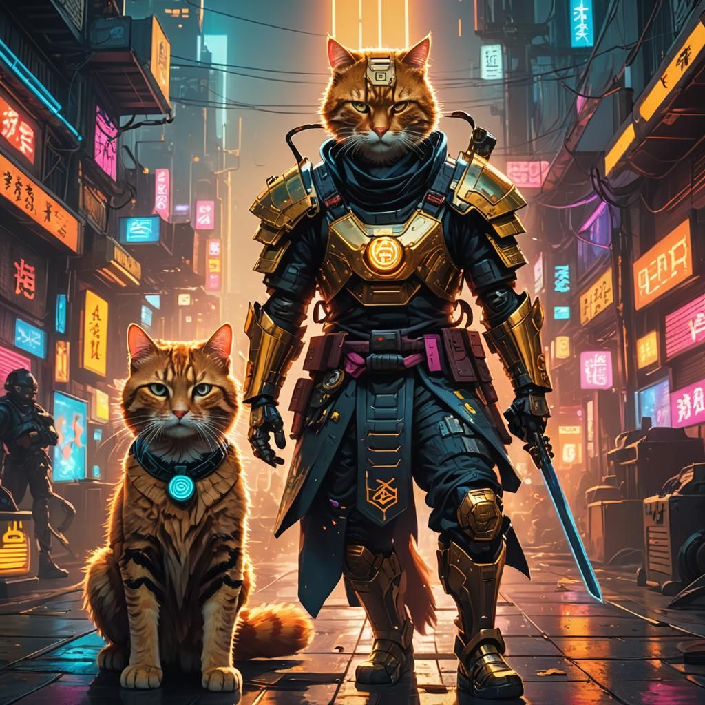 Cyberpunk Crypto Samurai Gazing at Cat