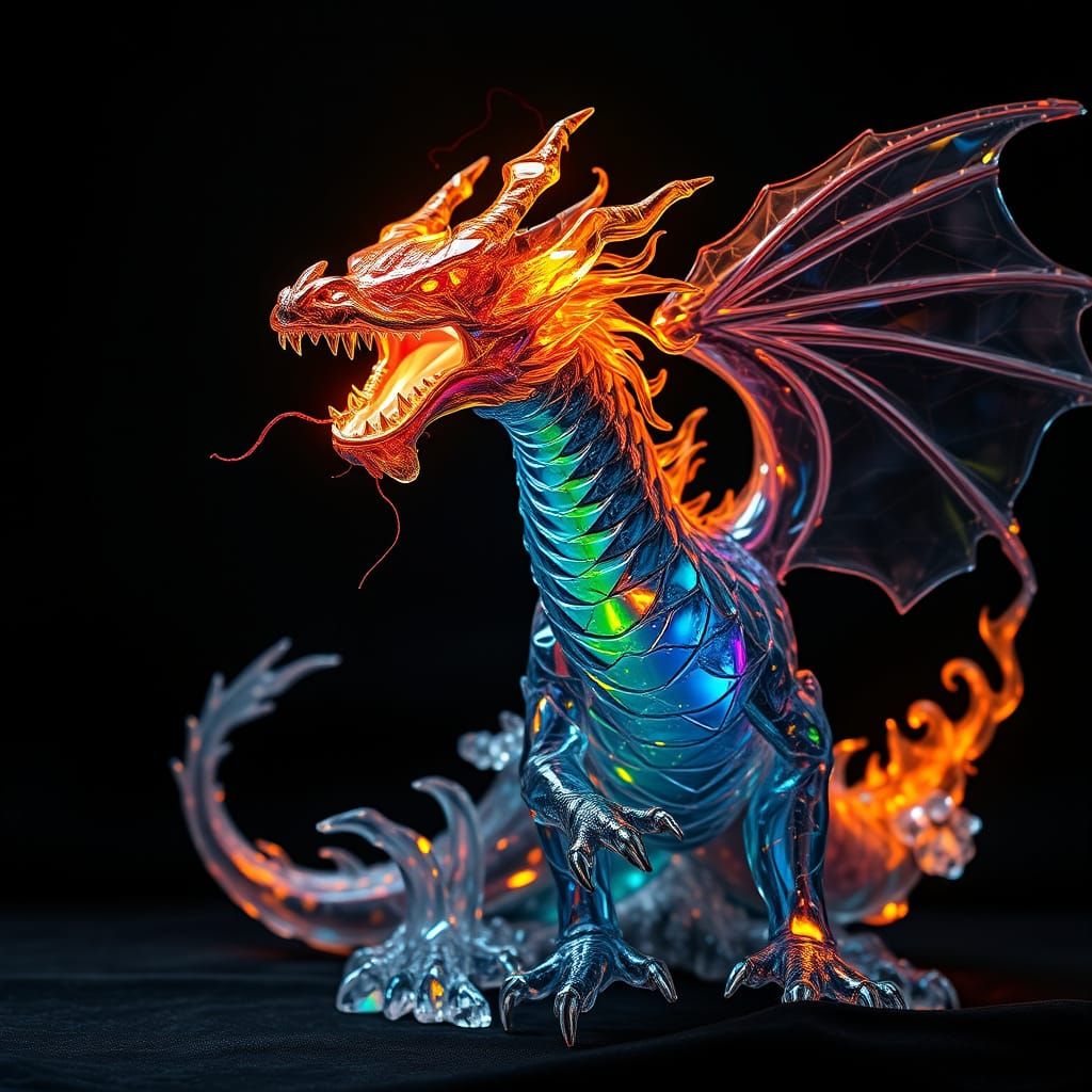 Majestic Glass Dragon with Rainbow Hues and Luminous Flames