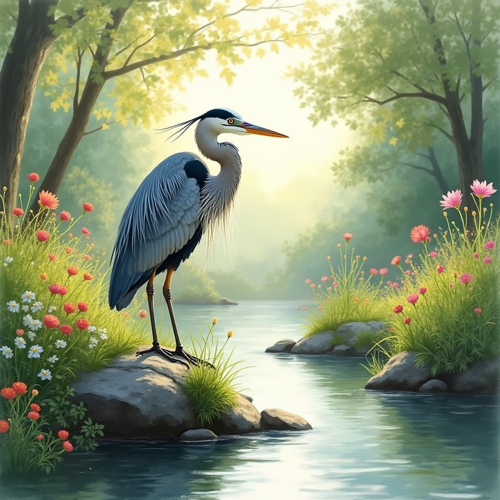 Heron in Sunlit River Garden, Watercolor Style