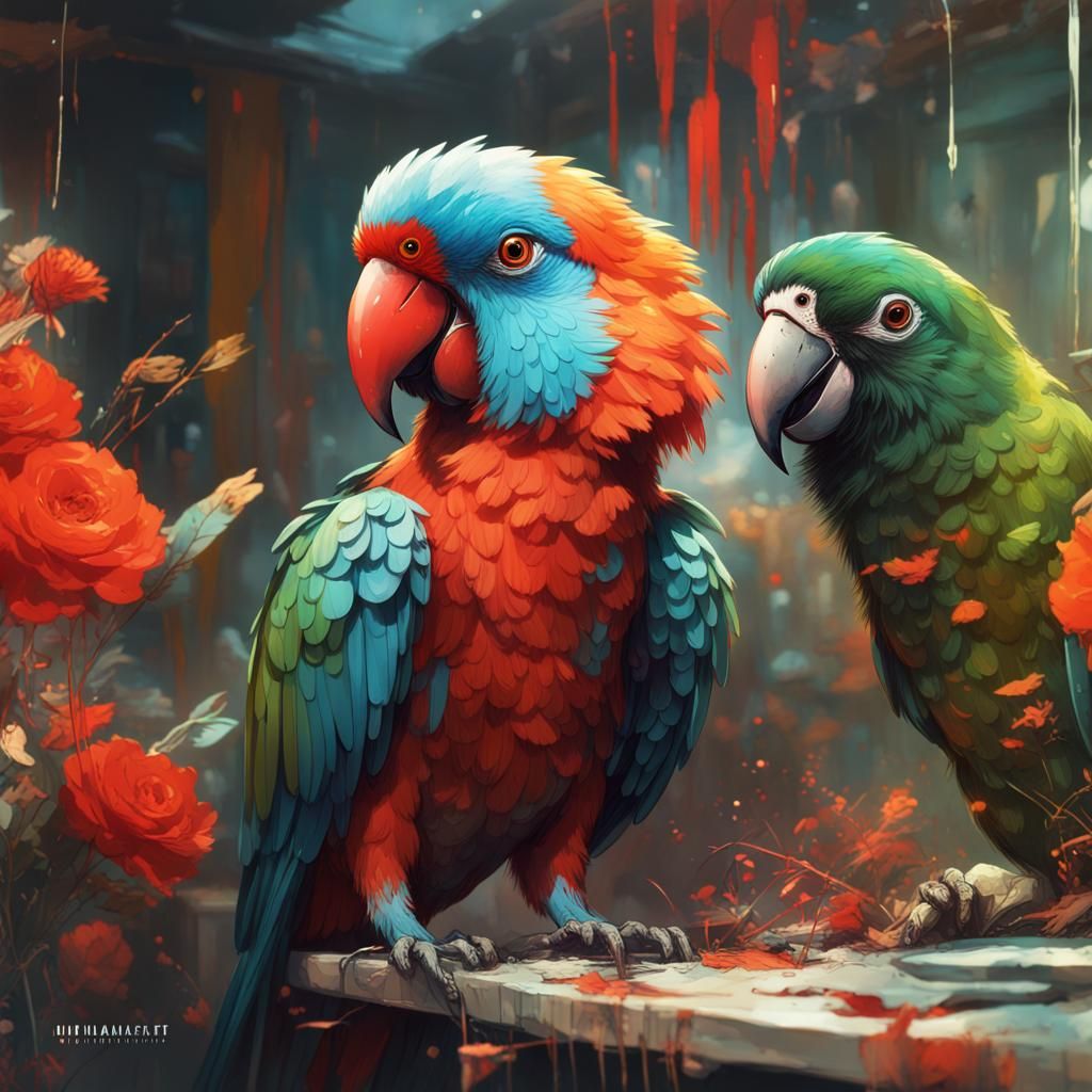 Colorful Baby Parrot Art, Detailed Matte Painting