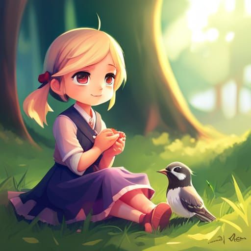 Adorable Chibi Girl Feeding Bird Digital Painting