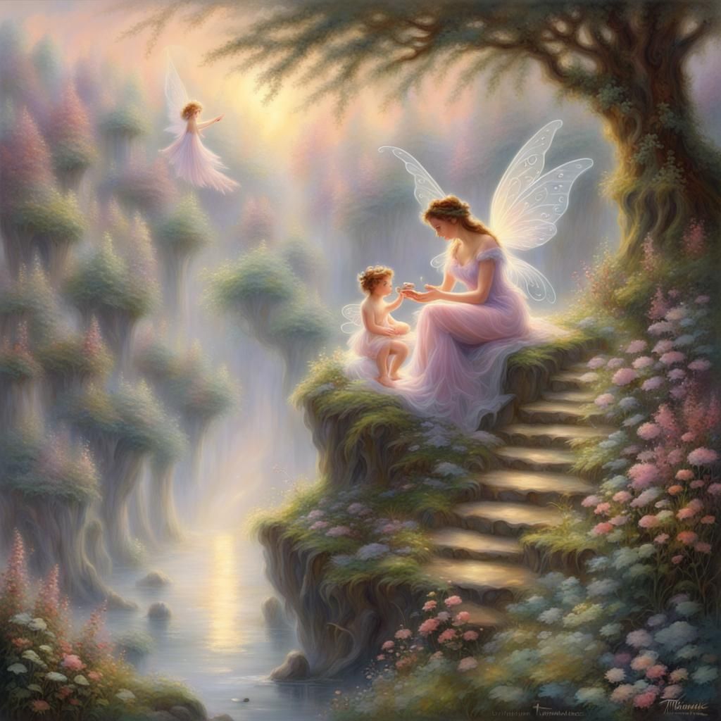 Ethereal Fairy Mother and Child in Misty Landscape