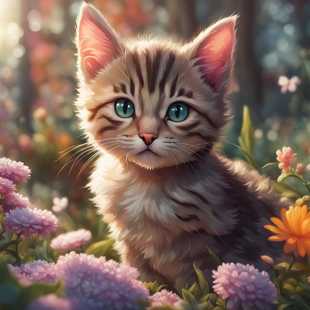 Tabby Kitten Portrait in Hyperdetailed Flower Garden