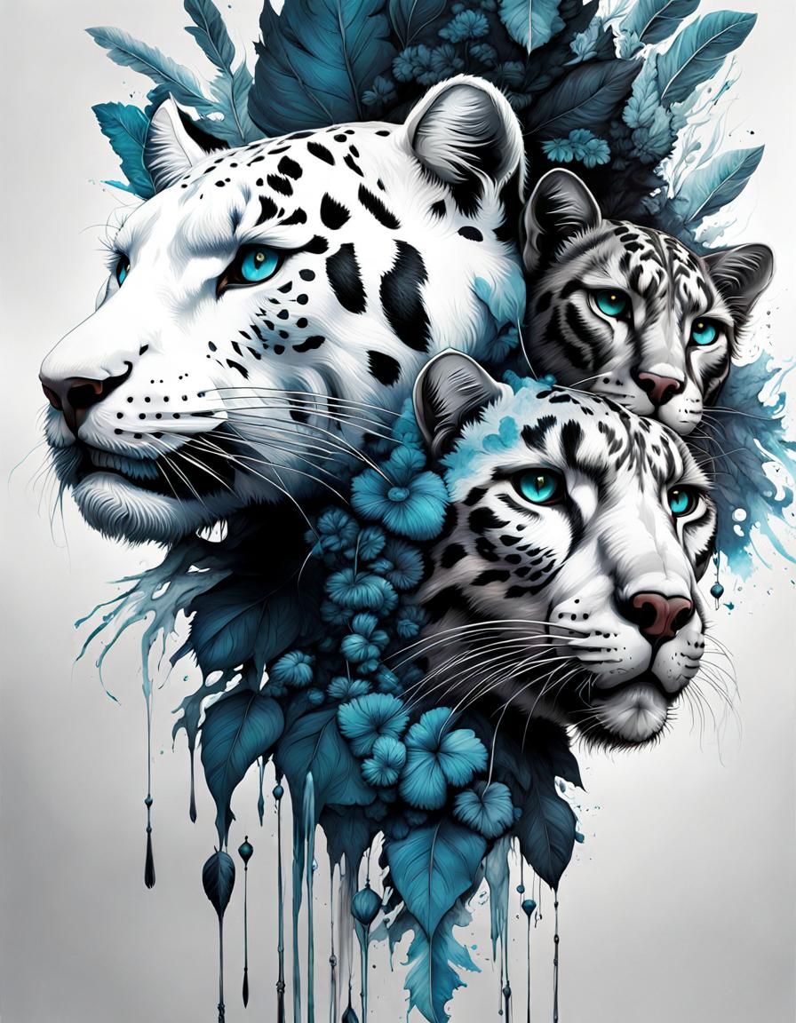Native American Couple with White Panthers: Inkblot Art