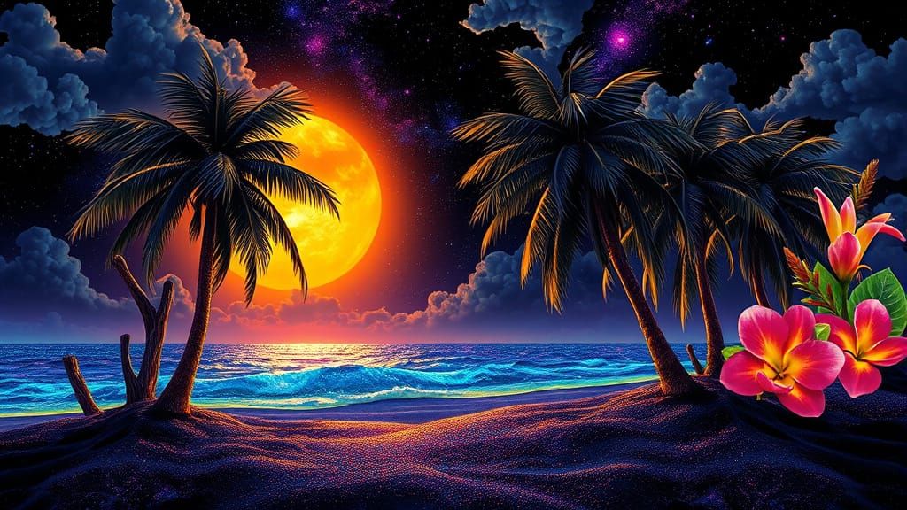 Neon Lit Beach with Cosmic Backdrop