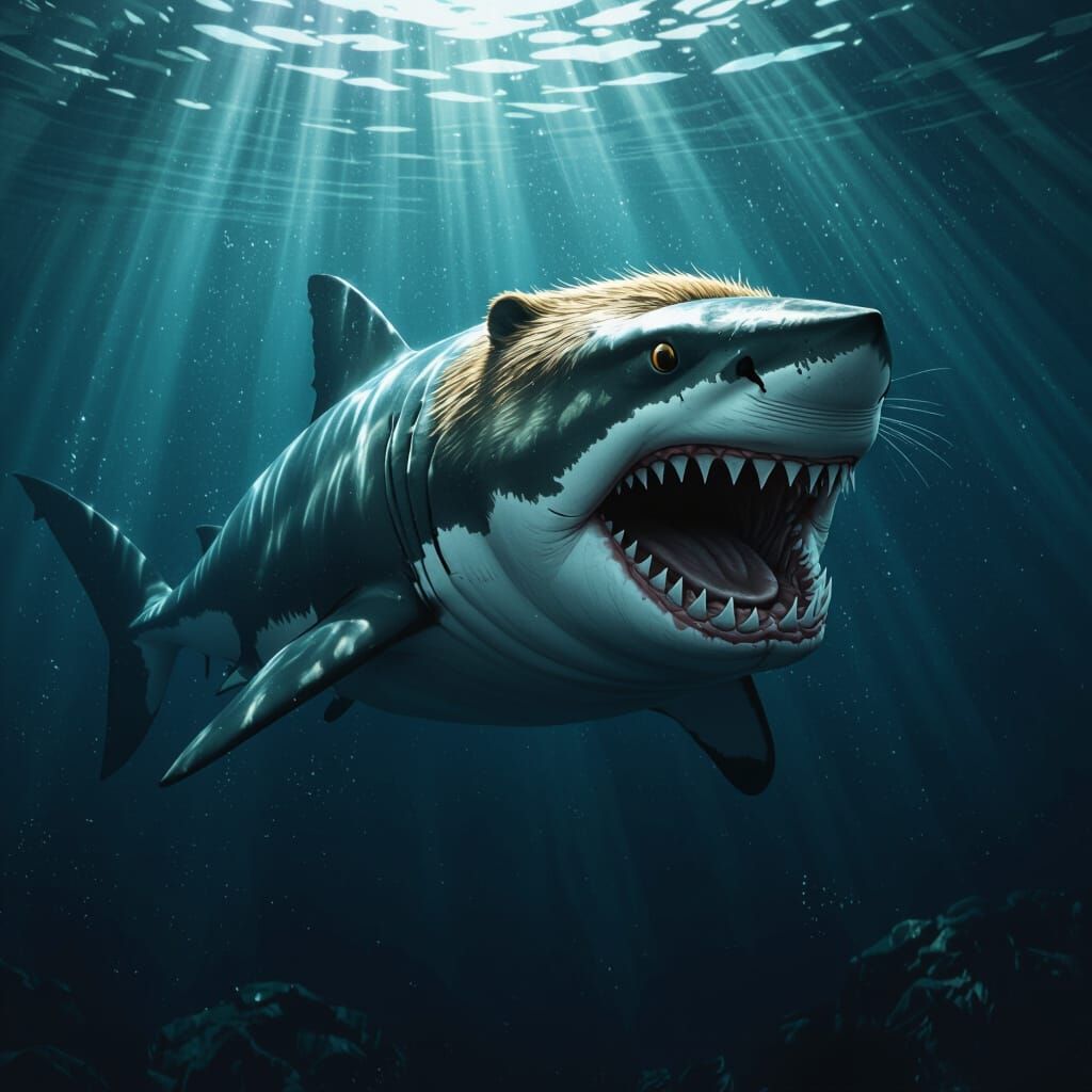 Angry Shark With Beaver Head in Murky Ocean