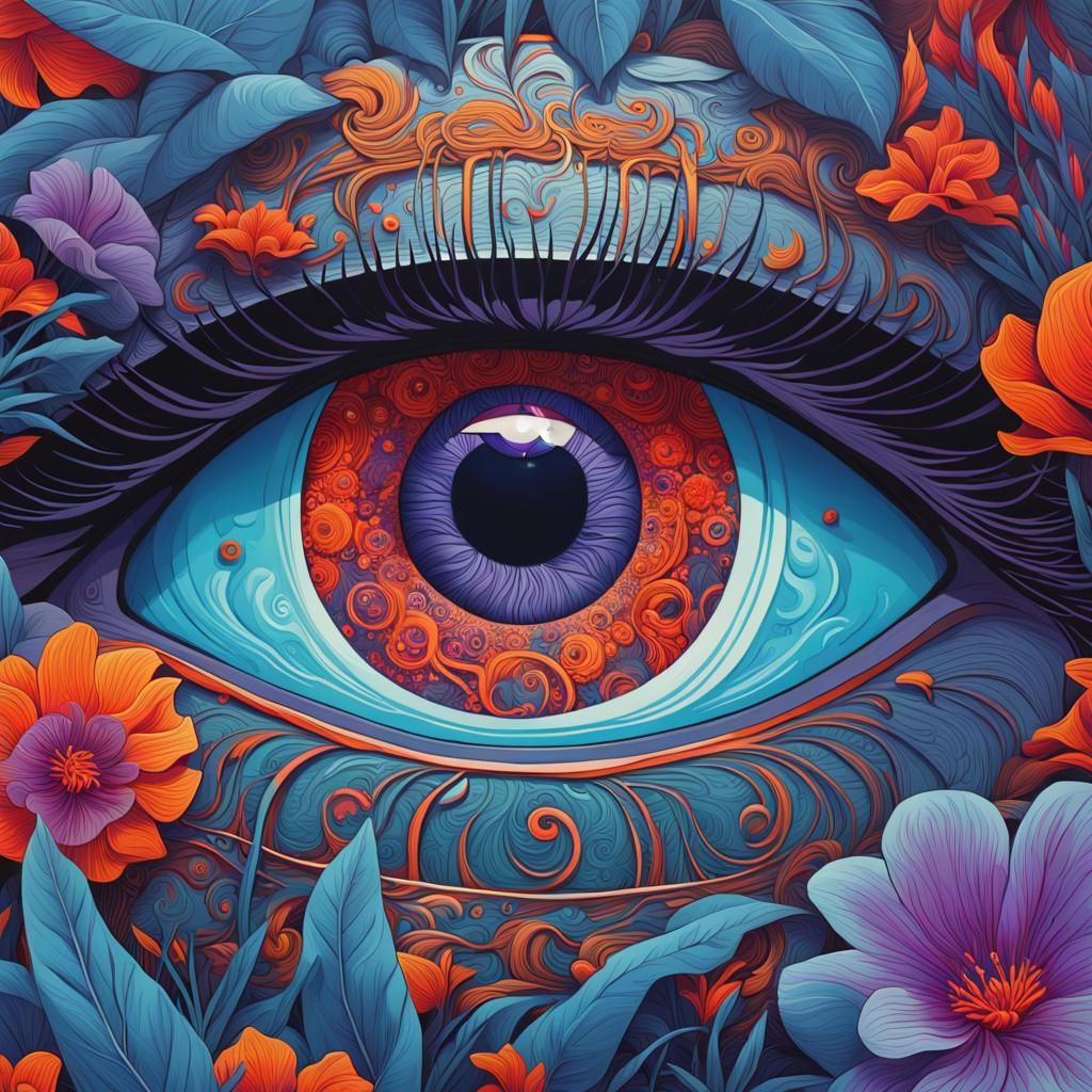 Eye with Purple and Orange Flowers, Detailed Art