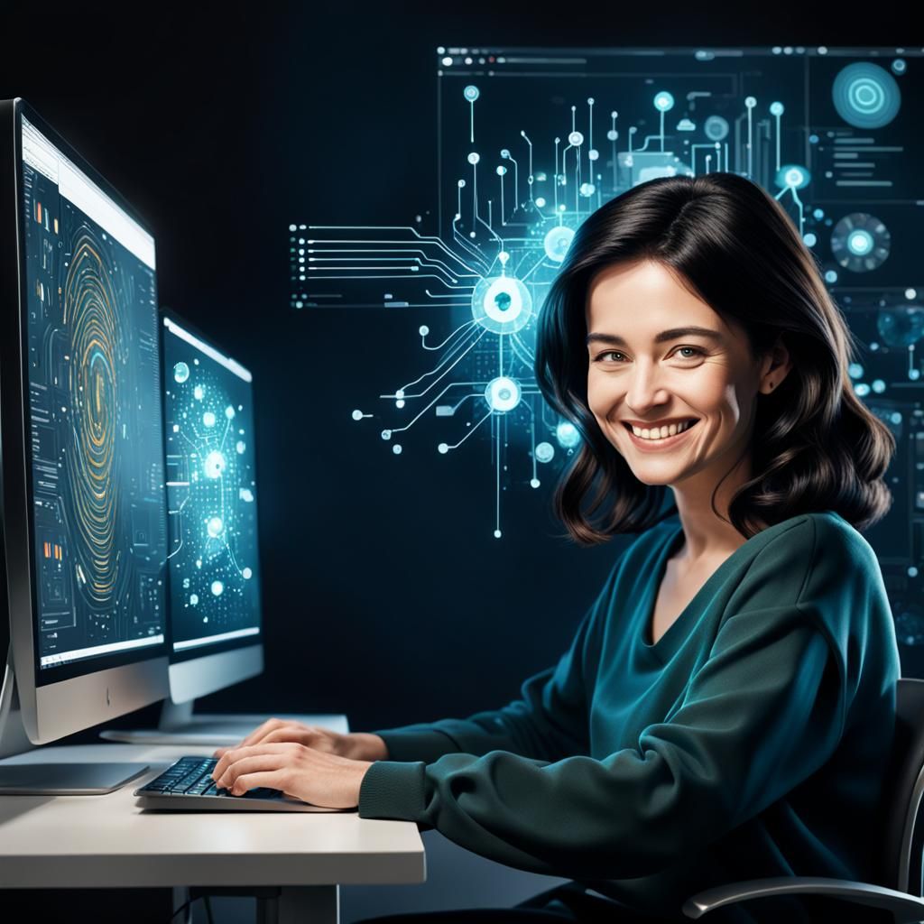 a dark haired caucasion woman working on her computer, she i...