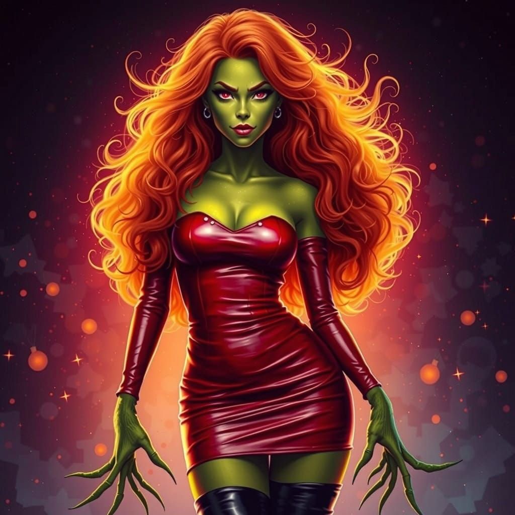 Cyberpunk Female Grinch in Stunning Christmas Setting