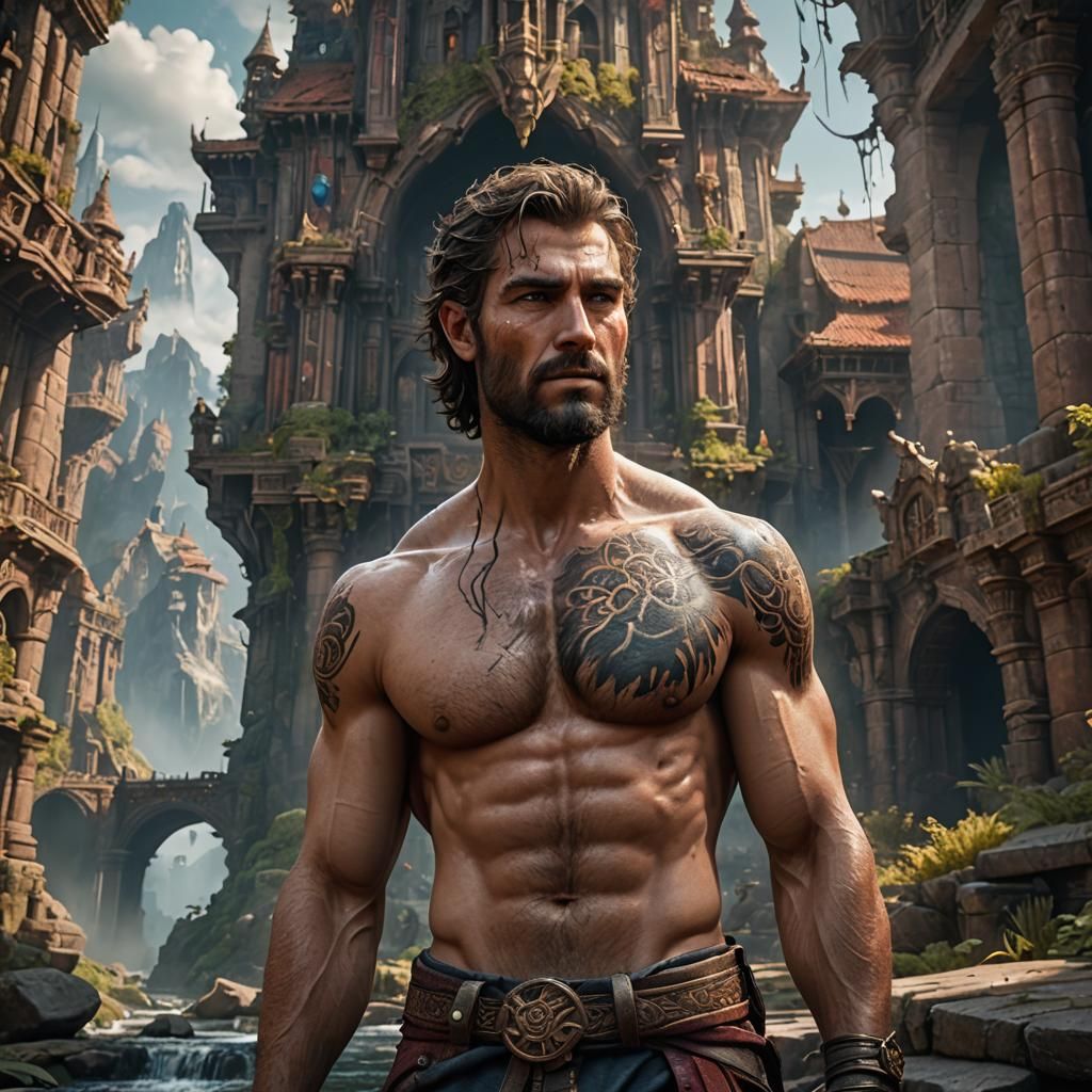 Detailed Matte Painting of Shirtless Man