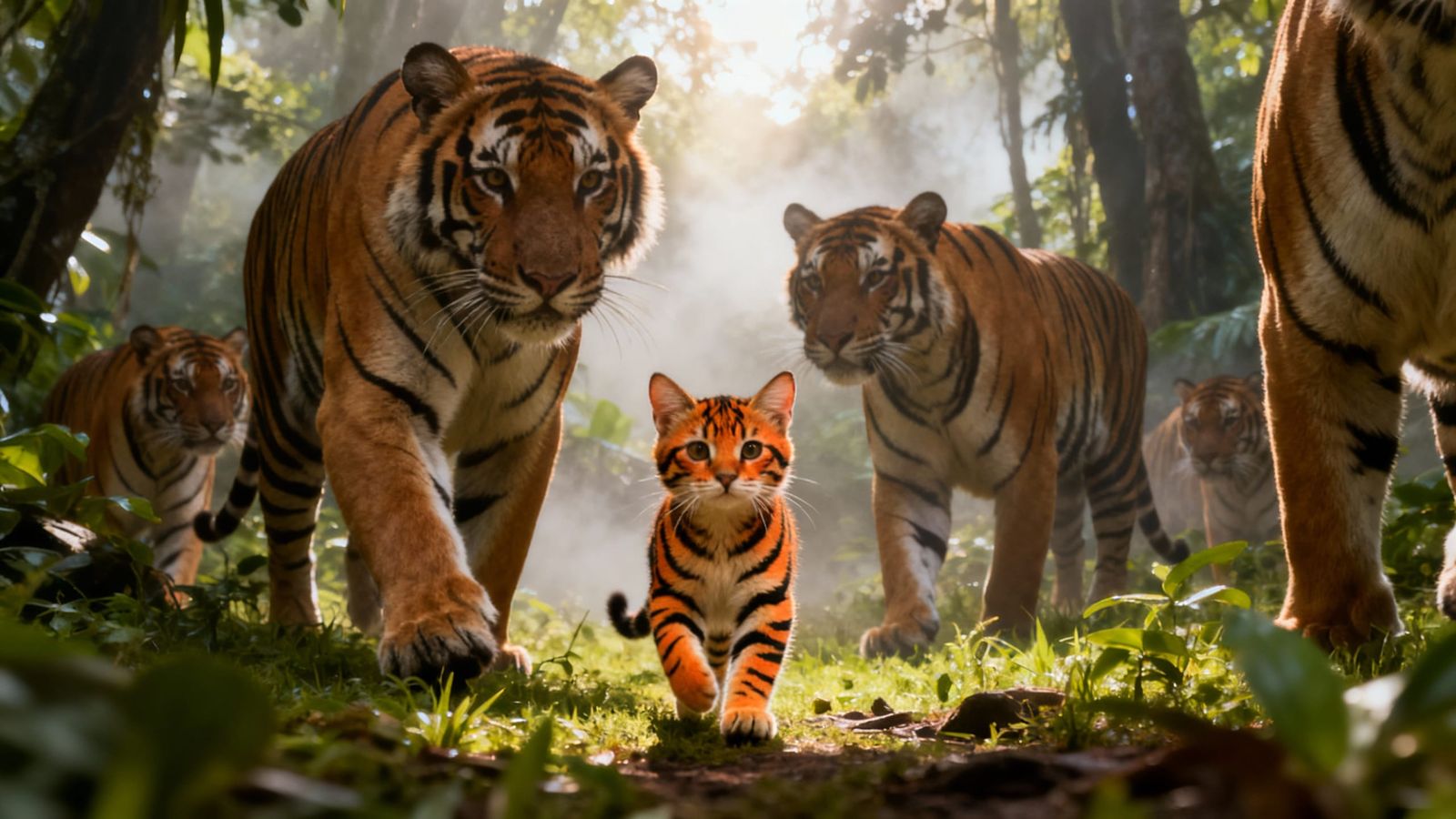 Tiny Tiger-Striped Cat Among Giants in Misty Jungle