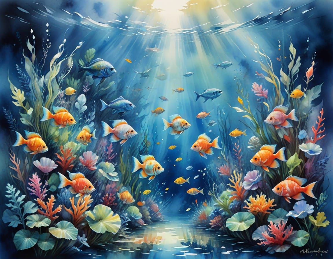 Watercolor Underwater World with Colorful Fish