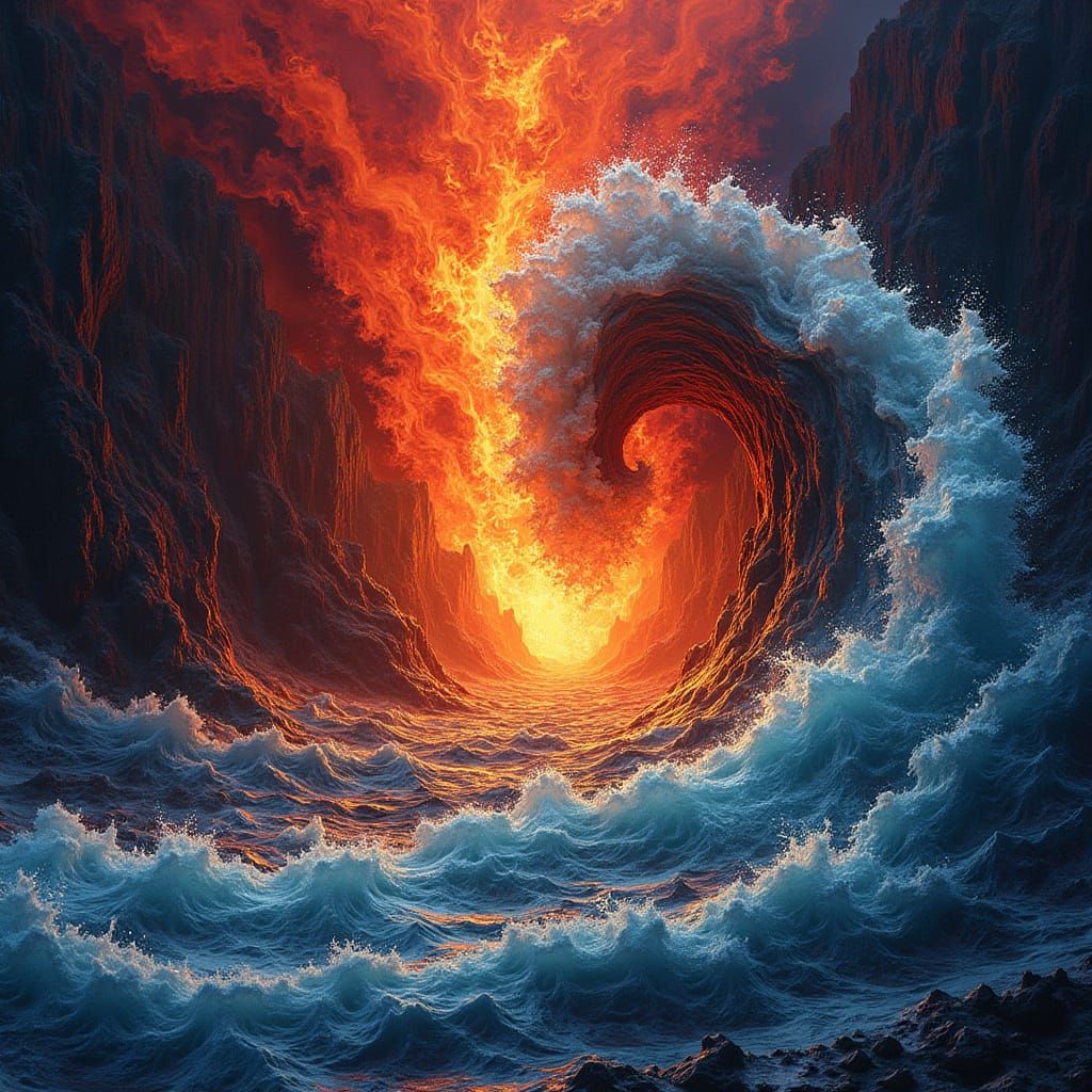 Vibrant Lava and Water Dance in Cyberpunk Style