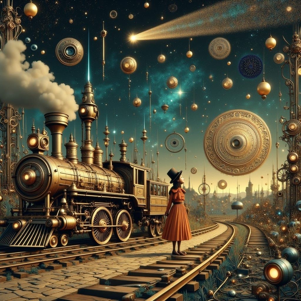 Steampunk Whimsy: Golden Train Chugs Under Starry Night Sky