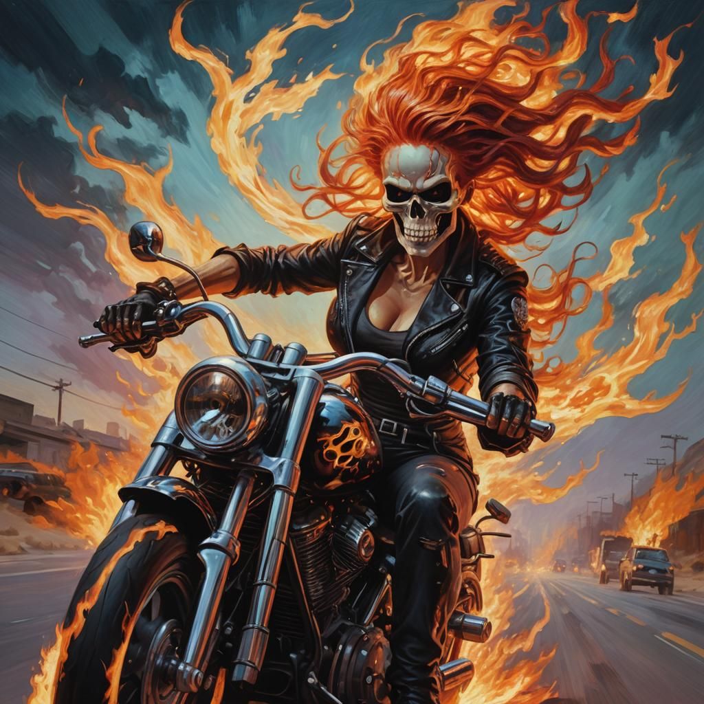 Female Ghost Rider on Chopper in Dystopian Surrealism