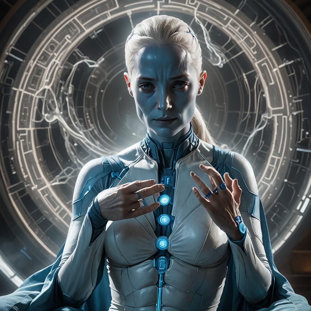 Female Dr. Manhattan Observes Her Hands in Wonder