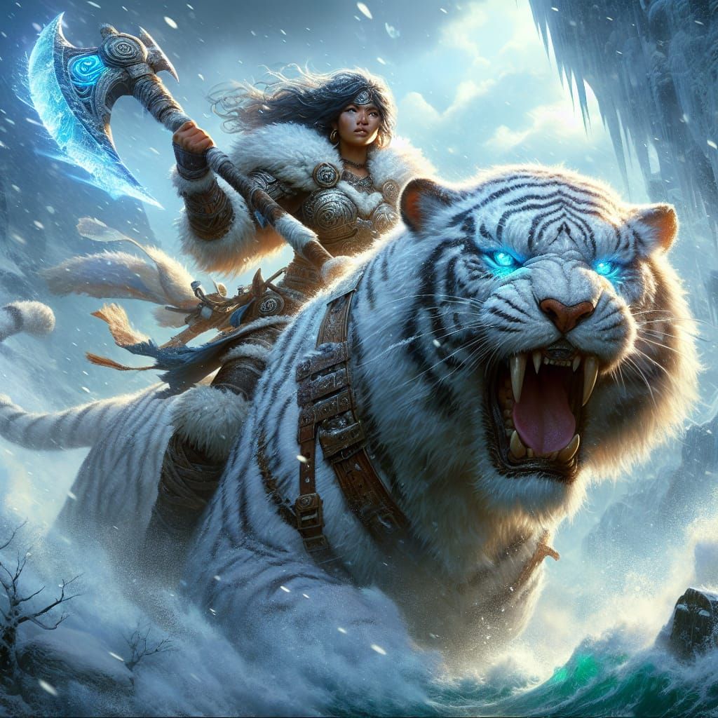 Fantasy Warrior on a Majestic White Tiger in a Snowstorm