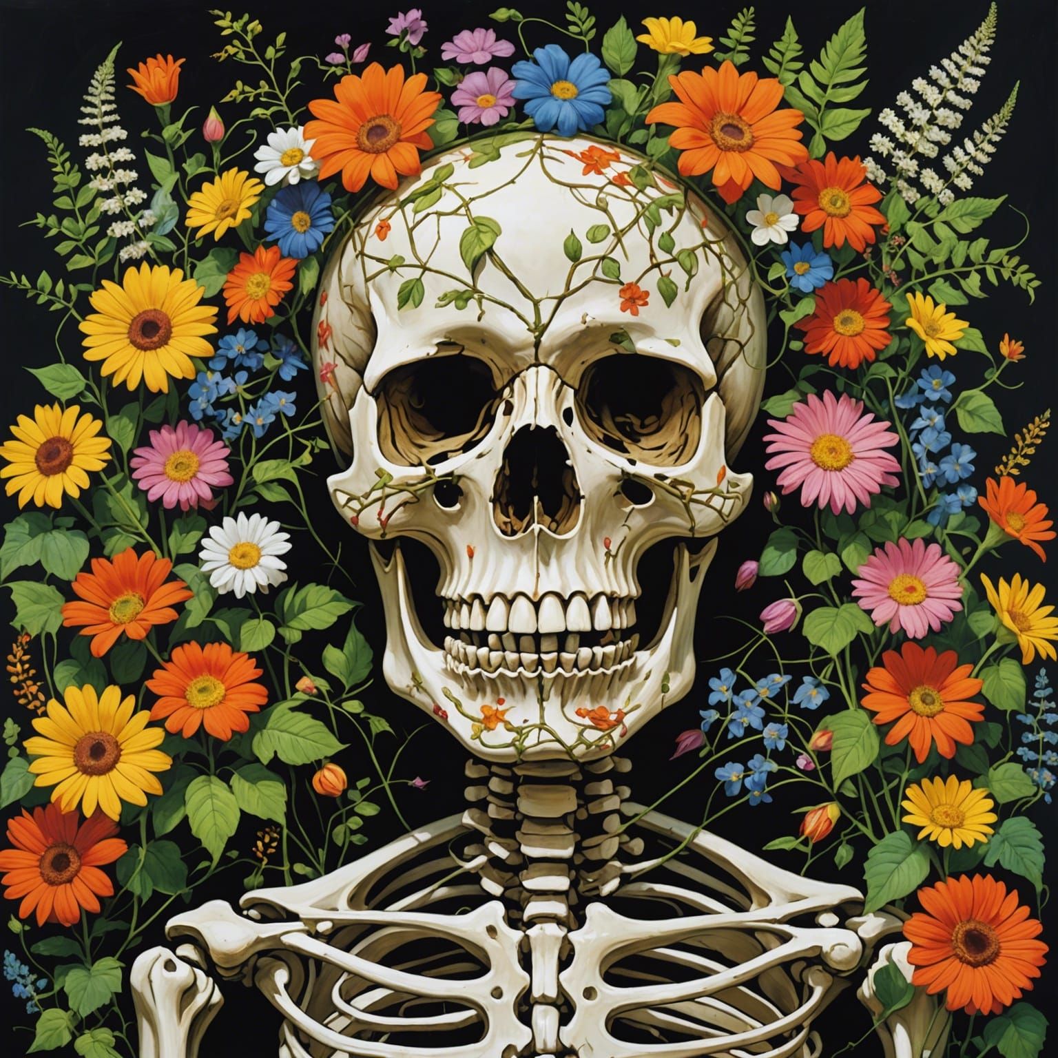 Flowering Skeleton on Grassy Bed: Expressionist Art