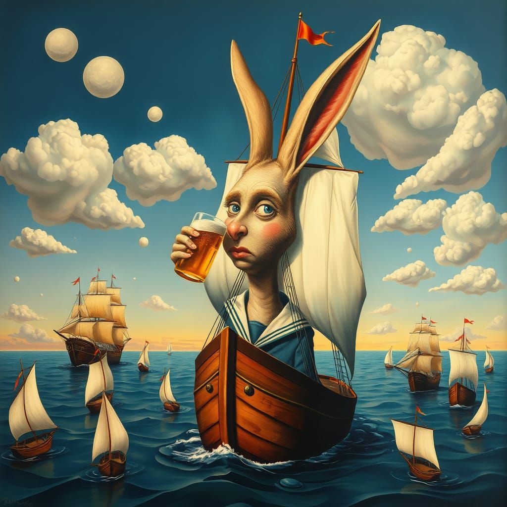 Surreal Tall Ship with Bunny Ears Drinks Beer