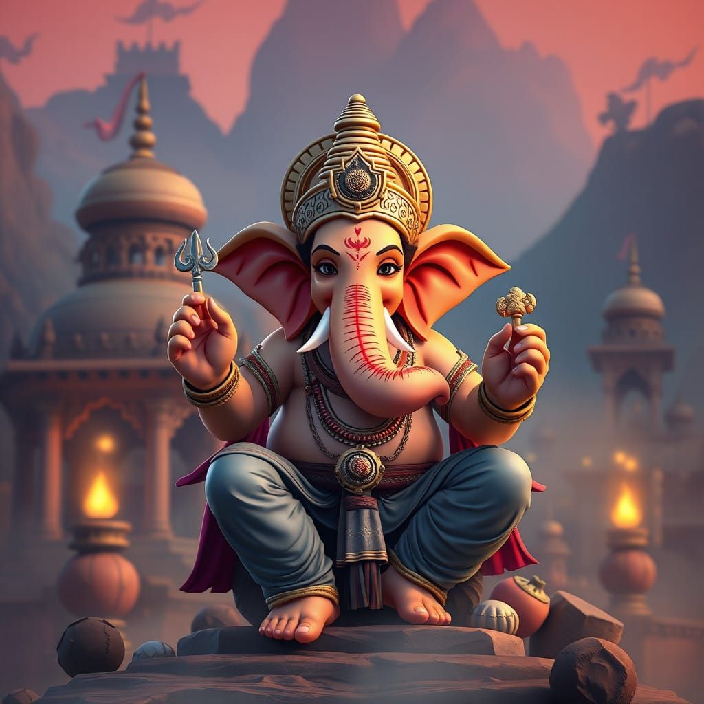 Lord Ganesha in Vibrant Cinematic Cartoon Style