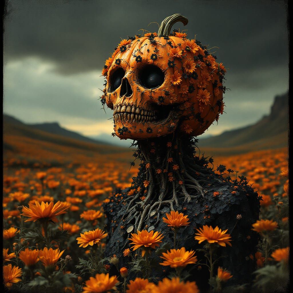 Pumpkin Head Portrait in Ornate Folk Art Style