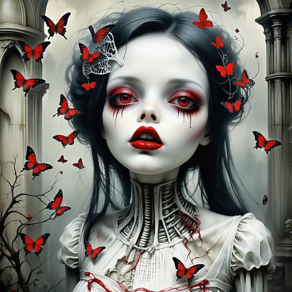 Gothic Garden: Girl with Red Butterflies