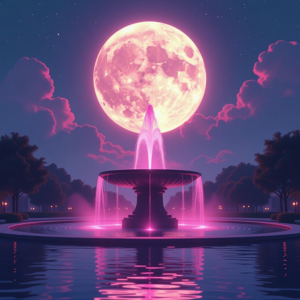 Pink Fountain under Glowing Moon in Surreal Style