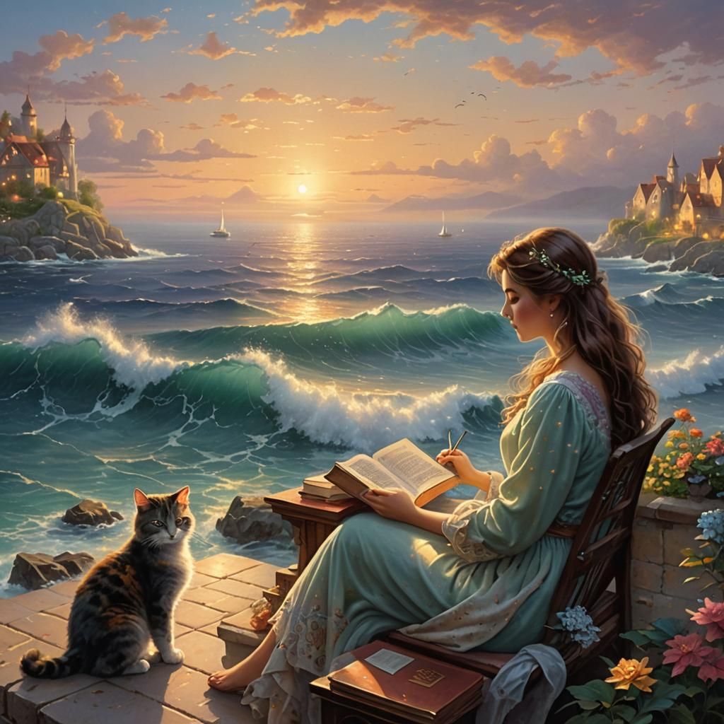 Woman, Cat, Sunset in Kinkade Style