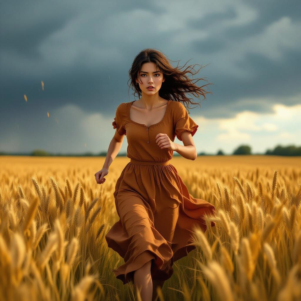 Woman Running Through Wheat Field in Dramatic Storm