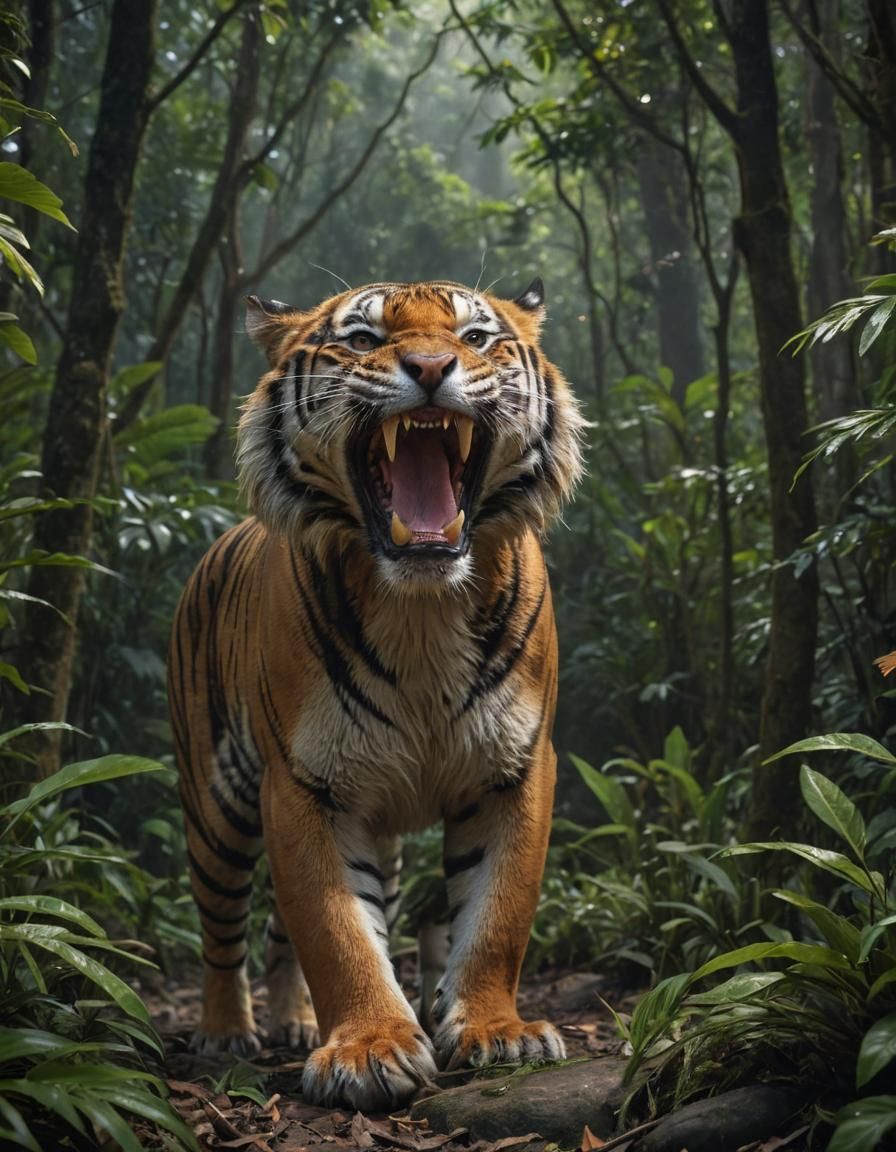 Roaring Tiger in Moonlight Jungle