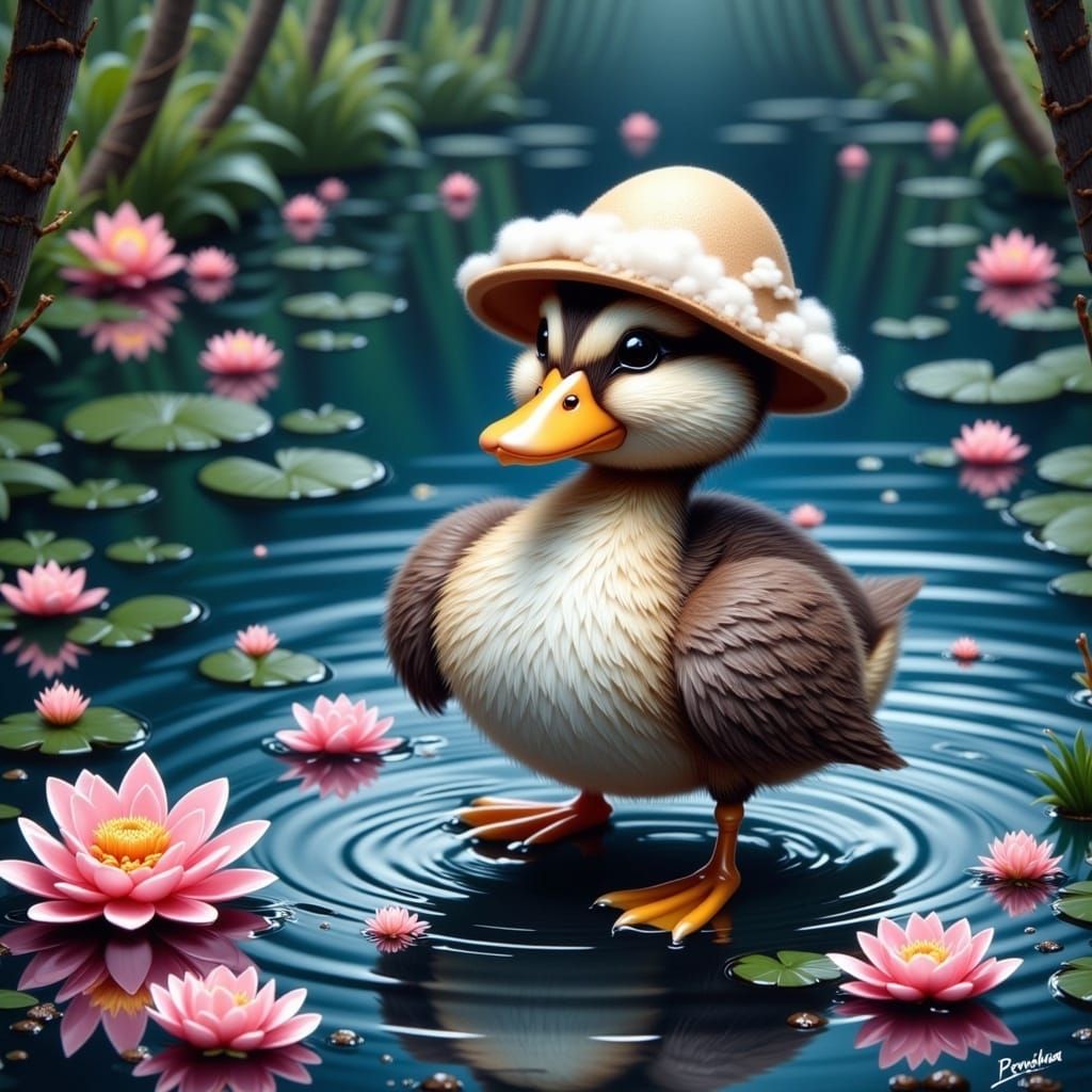 Grumpy Duckling with Raincloud Hat: Holographic Illustration