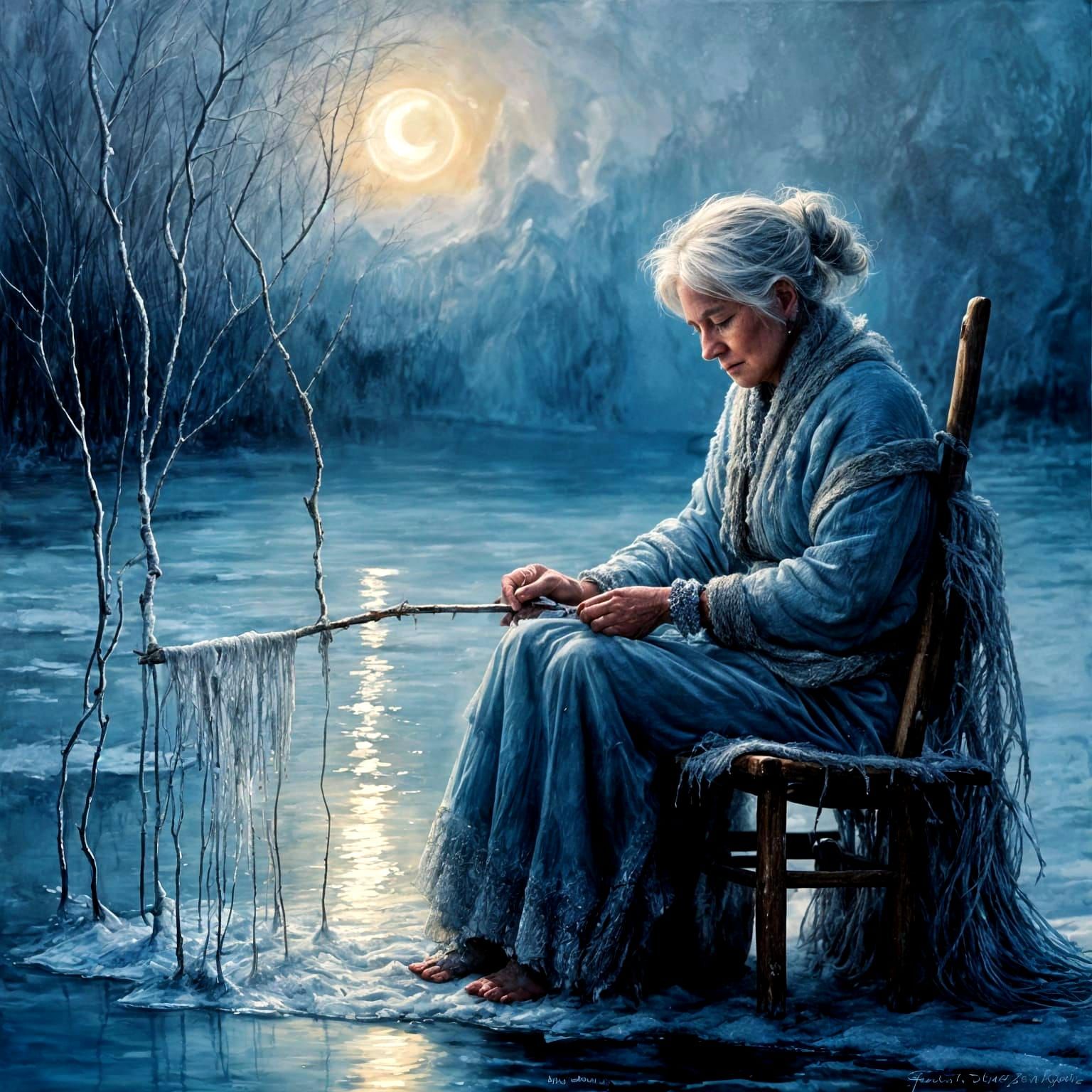 Cinematic oil-painting style, masterpiece quality — a vast snowy wilderness beneath a dramatic midnight sky, deep hues o...